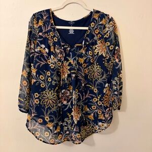 St. John's Bay Navy Floral Tie-Neck Blouse
